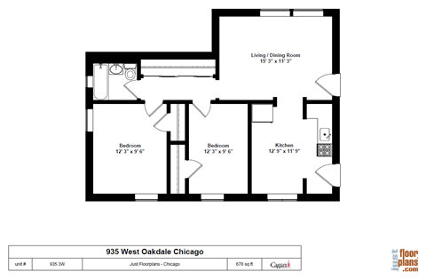 Floor plan for 2 beds, 1 bath, 678 sqft